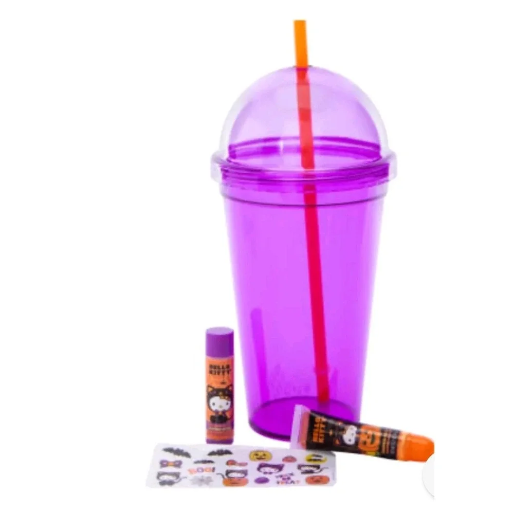 Hello Kitty 12 Oz Tumbler Halloween Theme Beauty Lip Gloss Purple with Straw New